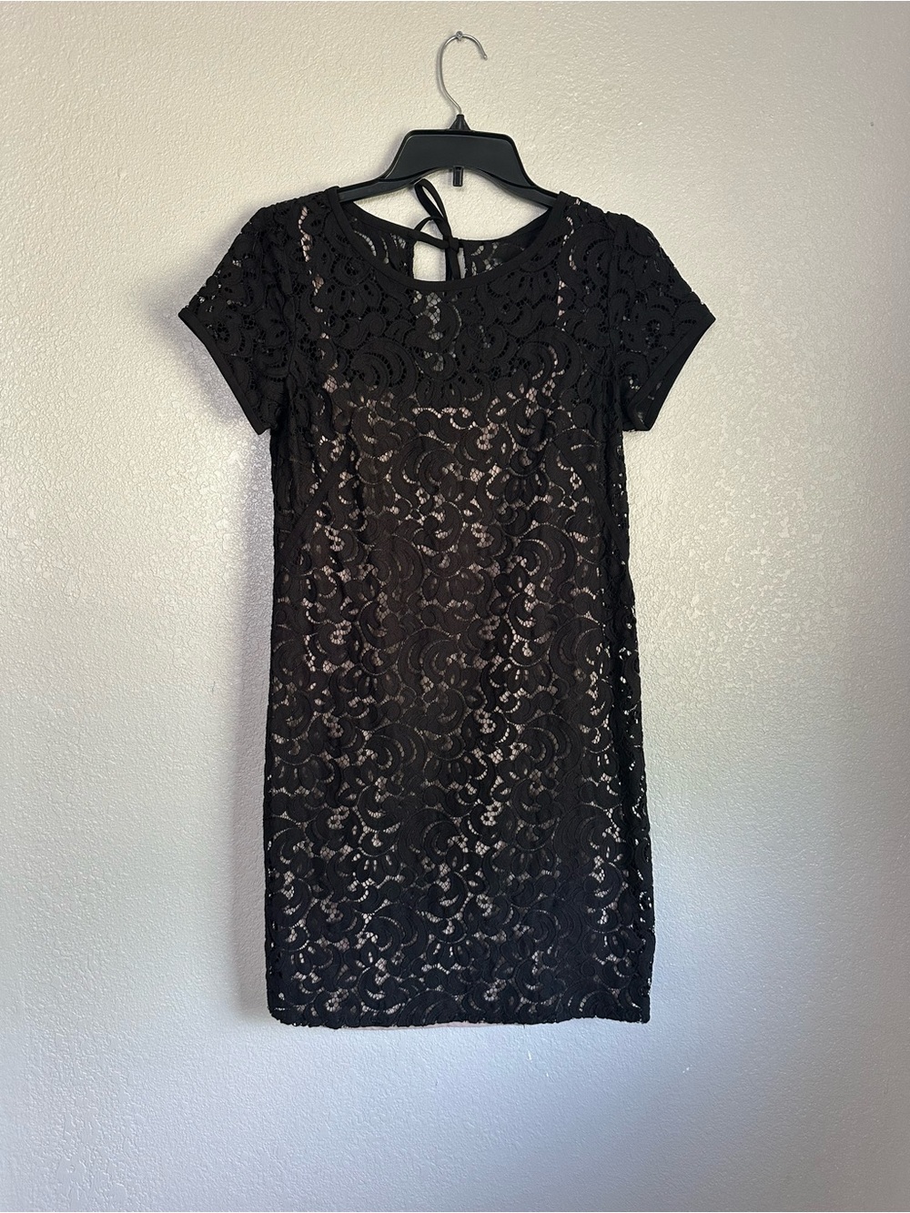 Ann Taylor Loft Black Lace Short Sleeve Fitted Sheath Dress